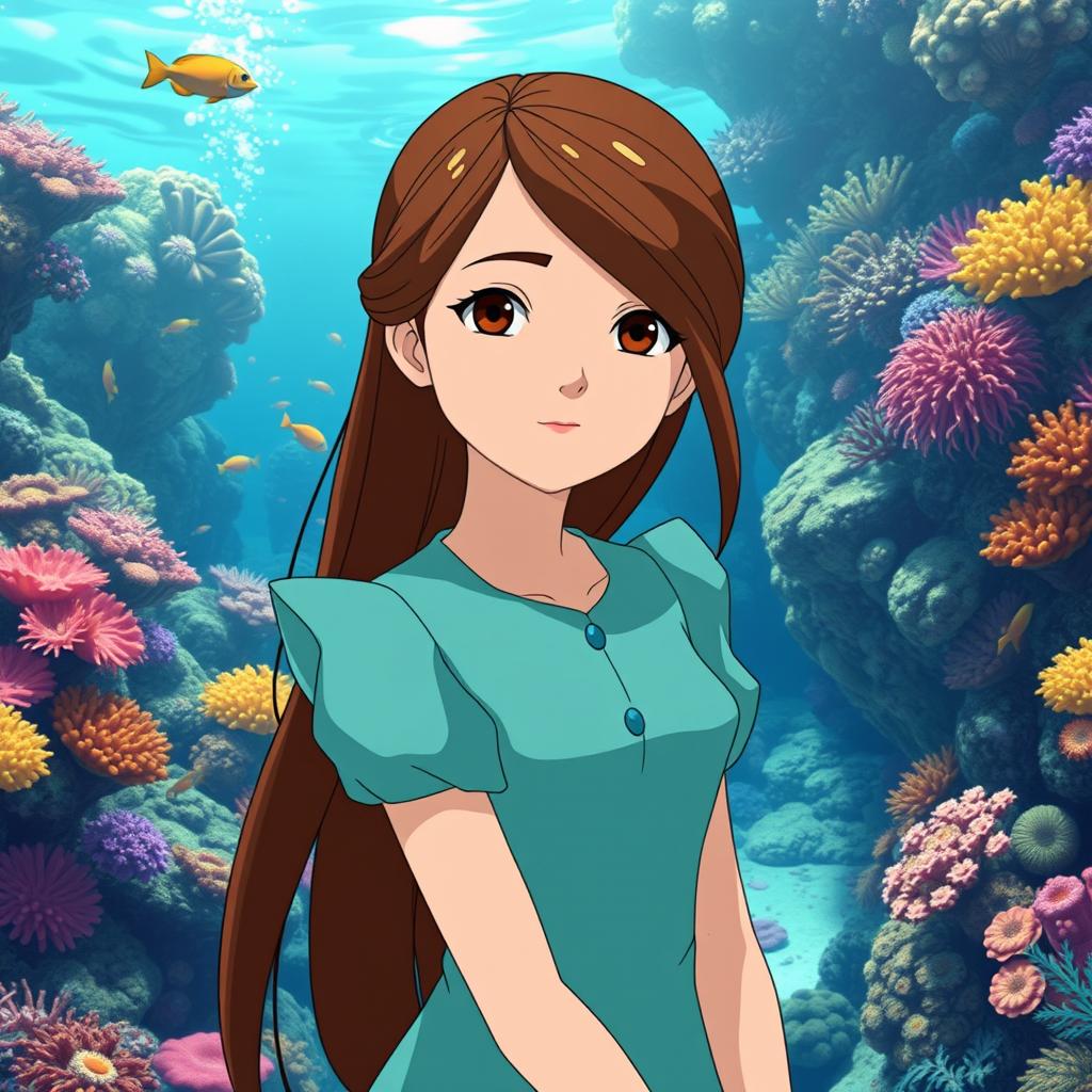 A Studio Ghibli inspired character, an adult woman with long brown hair parted to the side and brown eyes, wearing a simple cyan Victorian era dress