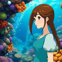 A Studio Ghibli inspired character, an adult woman with long brown hair parted to the side and brown eyes, wearing a simple cyan Victorian era dress