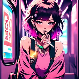 Anime grunge girl with face tattoos smoking a cigarette on a train platform with a neon Tokyo backdrop.