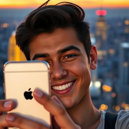 A person taking a selfie with an iPhone, showcasing a realistic and natural expression, the background features a lively cityscape during sunset, with the light illuminating the subject's face highlighting their smile