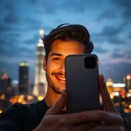 A person taking a selfie with an iPhone, showcasing a realistic and natural expression, the background features a lively cityscape during sunset, with the light illuminating the subject's face highlighting their smile