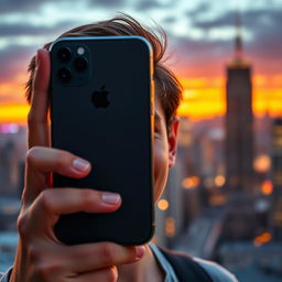 A person taking a selfie with an iPhone, showcasing a realistic and natural expression, the background features a lively cityscape during sunset, with the light illuminating the subject's face highlighting their smile