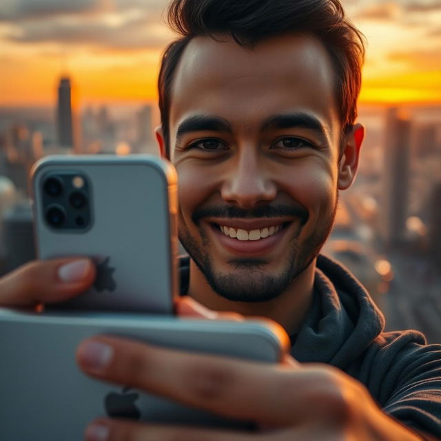 A person taking a selfie with an iPhone, showcasing a realistic and natural expression, the background features a lively cityscape during sunset, with the light illuminating the subject's face highlighting their smile