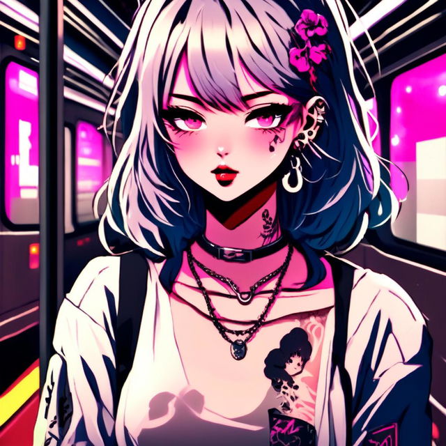 Anime grunge girl with face tattoos smoking a cigarette on a train platform with a neon Tokyo backdrop.