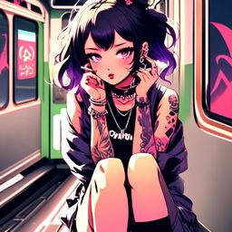 Anime grunge girl with face tattoos smoking a cigarette on a train platform with a neon Tokyo backdrop.