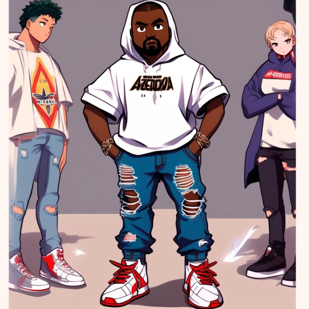 Anime-style Kanye West in My Hero Academia style, wearing a superhero costume with Yeezy Boost sneakers, distressed jeans, white tee, and a unique quirk.