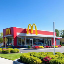 An iconic McDonald's building characterized by its vibrant red and yellow color scheme