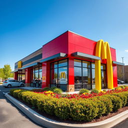 An iconic McDonald's building characterized by its vibrant red and yellow color scheme