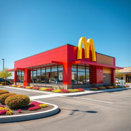 An iconic McDonald's building characterized by its vibrant red and yellow color scheme