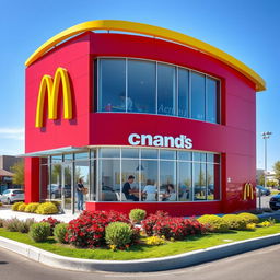 An iconic McDonald's building characterized by its vibrant red and yellow color scheme