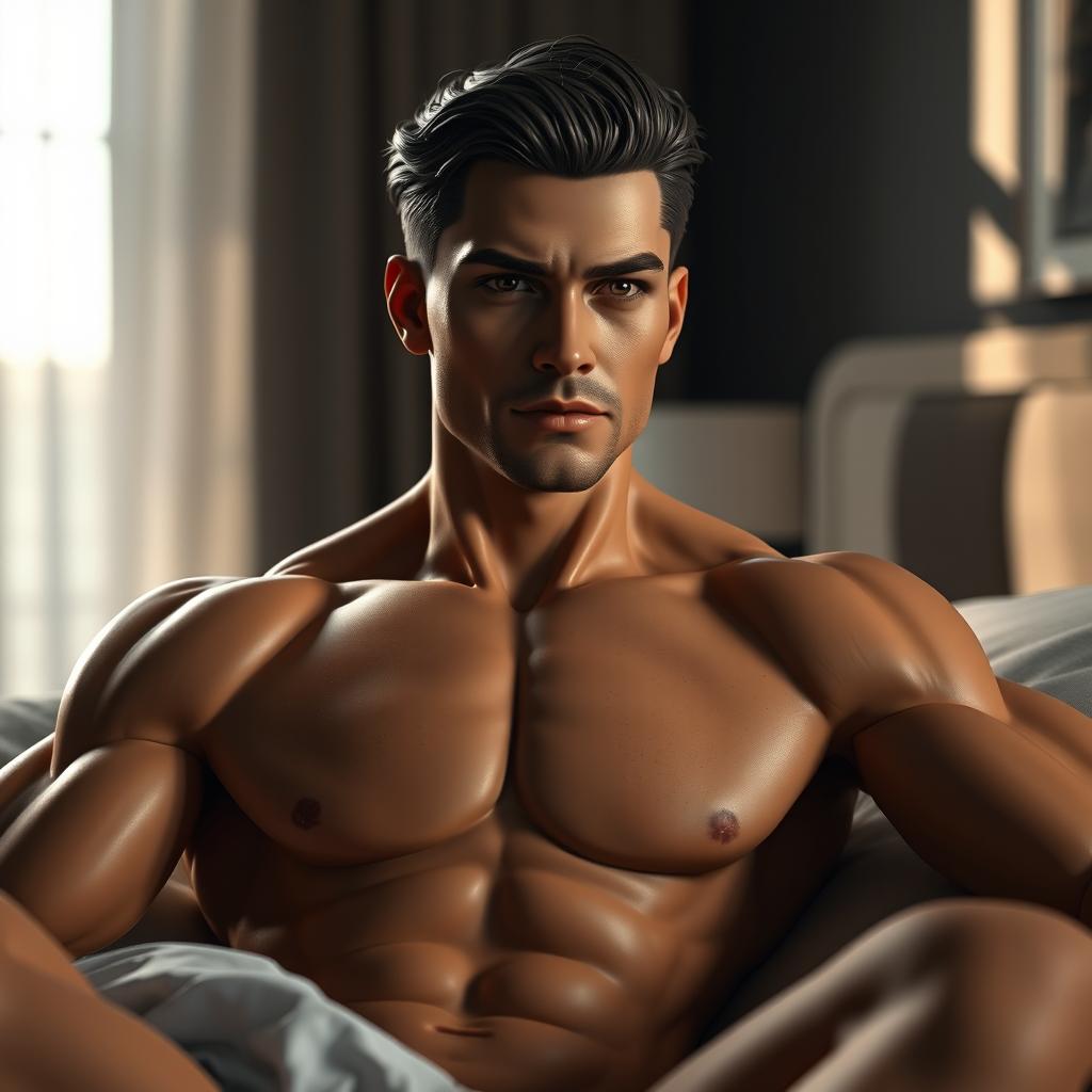 a realistic male sex doll, lifelike features, muscular build, detailed facial features, anatomically accurate, set in a bedroom setting, dim lighting casting soft shadows, contemporary interior design, high-quality realistic textures to emulate human skin, warm color tones