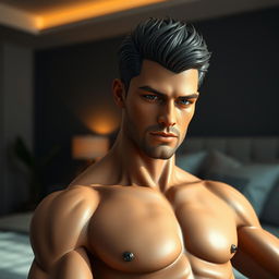 a realistic male sex doll, lifelike features, muscular build, detailed facial features, anatomically accurate, set in a bedroom setting, dim lighting casting soft shadows, contemporary interior design, high-quality realistic textures to emulate human skin, warm color tones