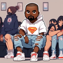 Anime-style Kanye West in My Hero Academia style, wearing a superhero costume with Yeezy Boost sneakers, distressed jeans, white tee, and a unique quirk.