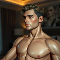 a realistic male sex doll, lifelike features, muscular build, detailed facial features, anatomically accurate, set in a bedroom setting, dim lighting casting soft shadows, contemporary interior design, high-quality realistic textures to emulate human skin, warm color tones