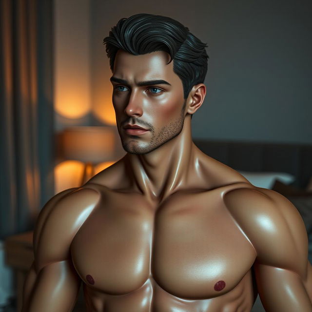 a realistic male sex doll, lifelike features, muscular build, detailed facial features, anatomically accurate, set in a bedroom setting, dim lighting casting soft shadows, contemporary interior design, high-quality realistic textures to emulate human skin, warm color tones