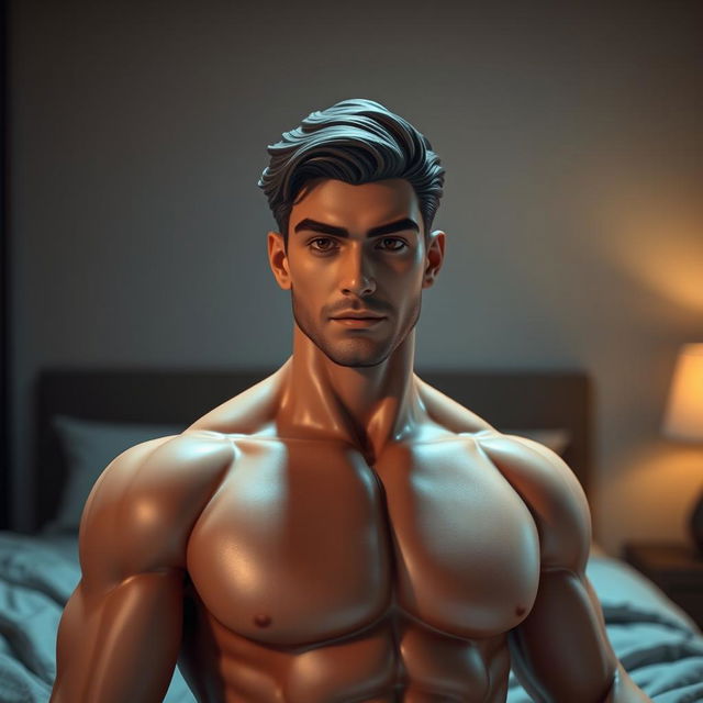 a realistic male sex doll, lifelike features, muscular build, detailed facial features, anatomically accurate, set in a bedroom setting, dim lighting casting soft shadows, contemporary interior design, high-quality realistic textures to emulate human skin, warm color tones