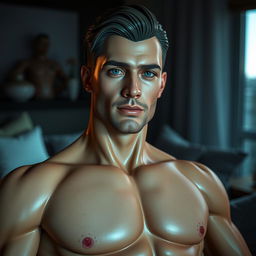 a realistic male sex doll, lifelike features, muscular build, detailed facial features, anatomically accurate, set in a bedroom setting, dim lighting casting soft shadows, contemporary interior design, high-quality realistic textures to emulate human skin, warm color tones
