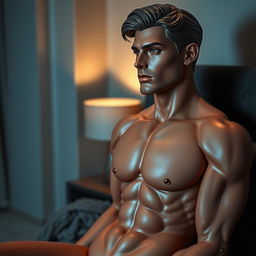a realistic male sex doll, lifelike features, muscular build, detailed facial features, anatomically accurate, set in a bedroom setting, dim lighting casting soft shadows, contemporary interior design, high-quality realistic textures to emulate human skin, warm color tones
