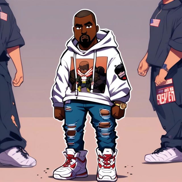 Anime-style Kanye West in My Hero Academia style, wearing a superhero costume with Yeezy Boost sneakers, distressed jeans, white tee, and a unique quirk.