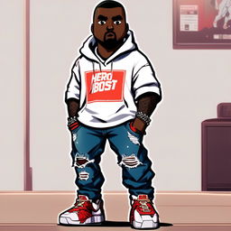 Anime-style Kanye West in My Hero Academia style, wearing a superhero costume with Yeezy Boost sneakers, distressed jeans, white tee, and a unique quirk.