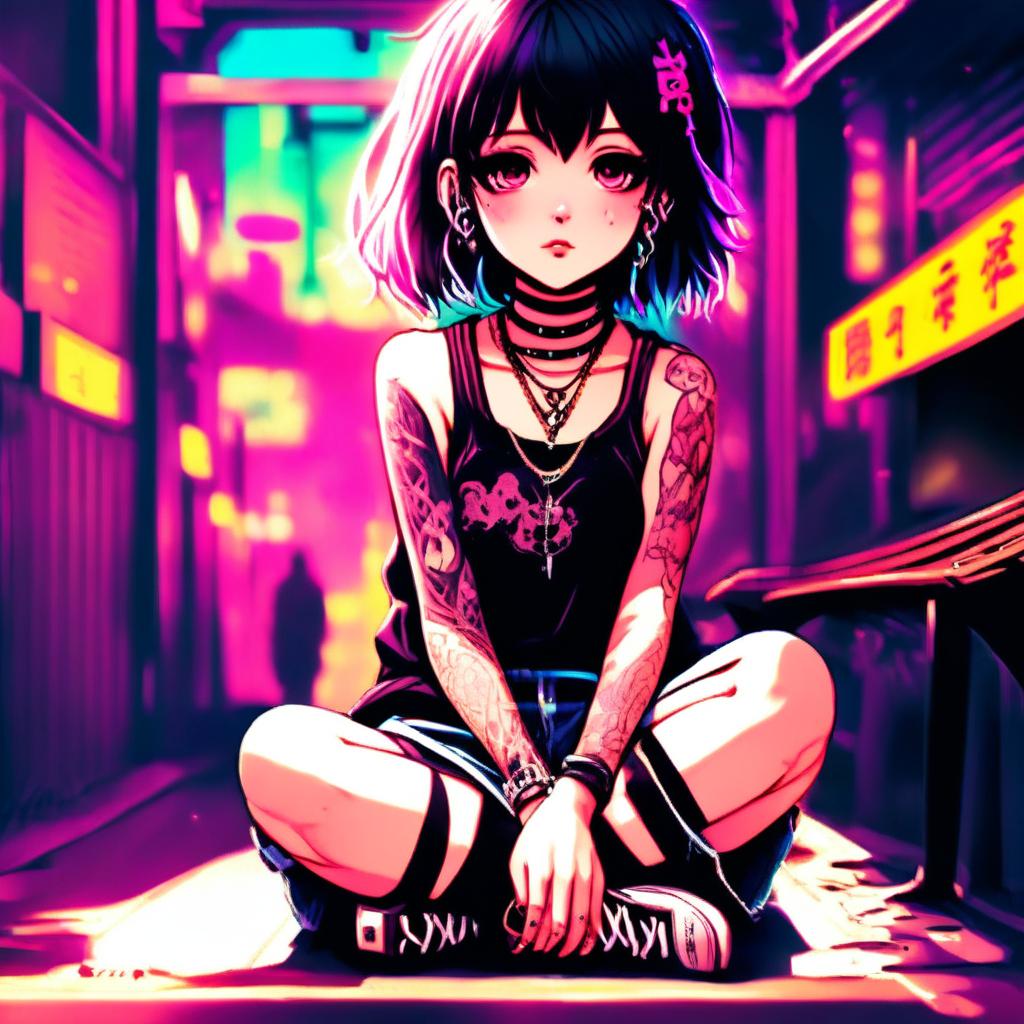 Anime art of an emo grunge girl with face tattoos sitting on a bench against a neon-lit Tokyo backdrop.