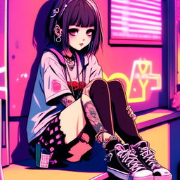 Anime art of an emo grunge girl with face tattoos sitting on a bench against a neon-lit Tokyo backdrop.