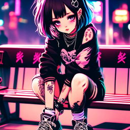 Anime art of an emo grunge girl with face tattoos sitting on a bench against a neon-lit Tokyo backdrop.