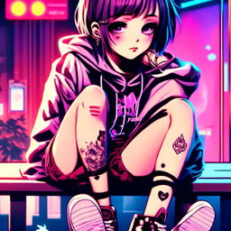 Anime art of an emo grunge girl with face tattoos sitting on a bench against a neon-lit Tokyo backdrop.