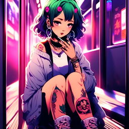 Vibrant anime grunge girl with face tattoos smoking a cigarette on a neon-lit Tokyo train platform.