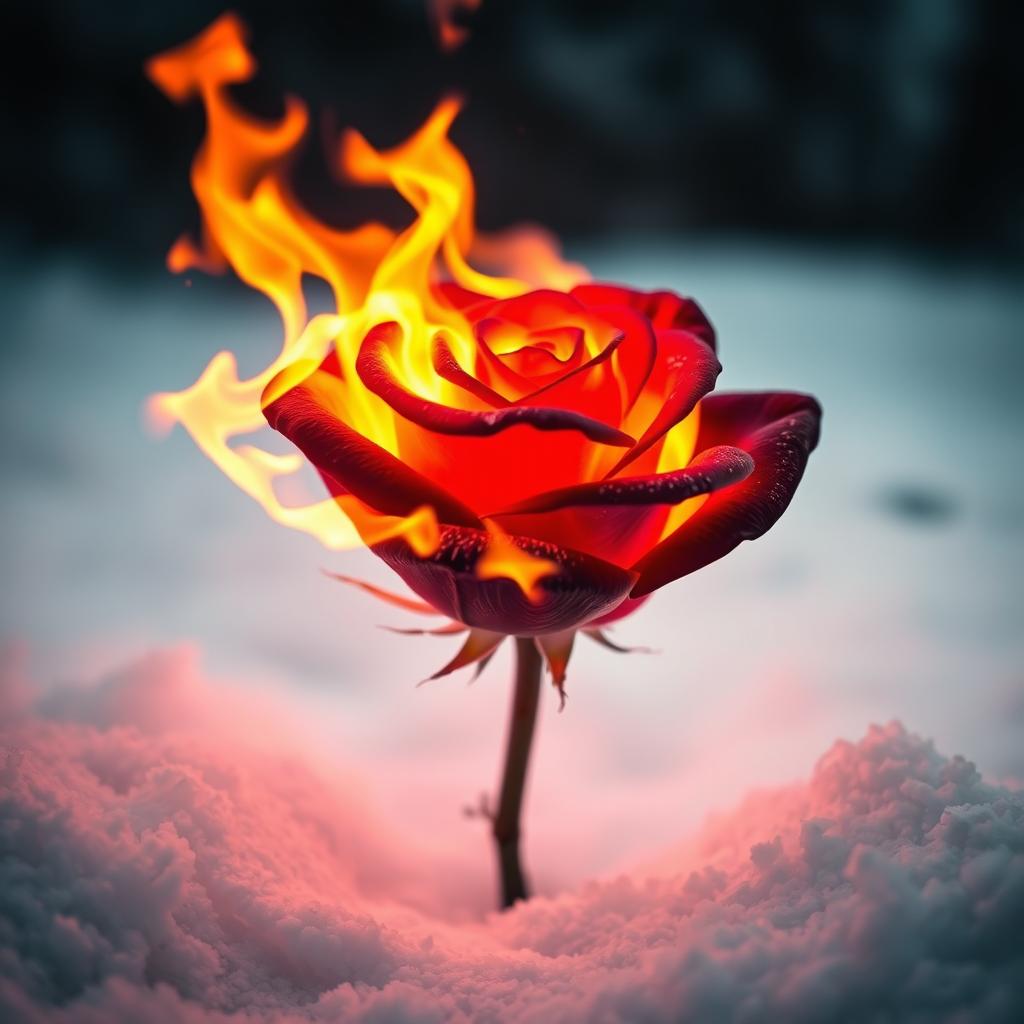 A stunning image of a rose engulfed in vibrant, mesmerizing flames, set against a pristine, pure white snow background