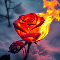 A stunning image of a rose engulfed in vibrant, mesmerizing flames, set against a pristine, pure white snow background