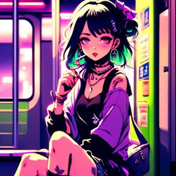 Vibrant anime grunge girl with face tattoos smoking a cigarette on a neon-lit Tokyo train platform.