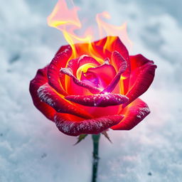 A stunning image of a rose engulfed in vibrant, mesmerizing flames, set against a pristine, pure white snow background