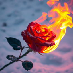 A stunning image of a rose engulfed in vibrant, mesmerizing flames, set against a pristine, pure white snow background