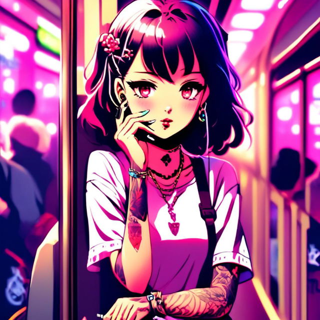 Vibrant anime grunge girl with face tattoos smoking a cigarette on a neon-lit Tokyo train platform.