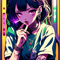 Vibrant anime grunge girl with face tattoos smoking a cigarette on a neon-lit Tokyo train platform.