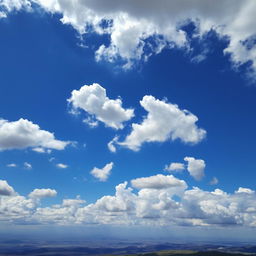 A breathtaking landscape featuring a dramatic sky filled with fluffy white clouds against a vivid blue backdrop