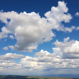 A breathtaking landscape featuring a dramatic sky filled with fluffy white clouds against a vivid blue backdrop