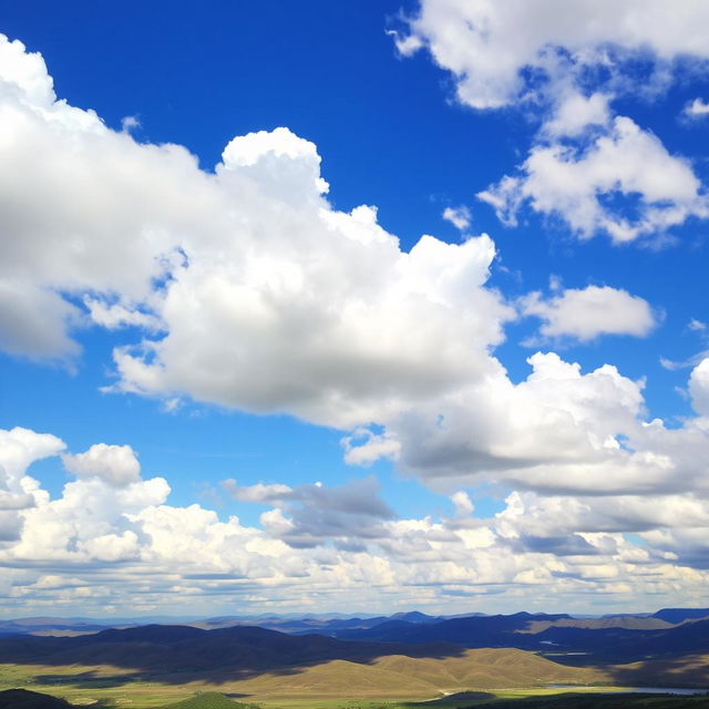 A breathtaking landscape featuring a dramatic sky filled with fluffy white clouds against a vivid blue backdrop