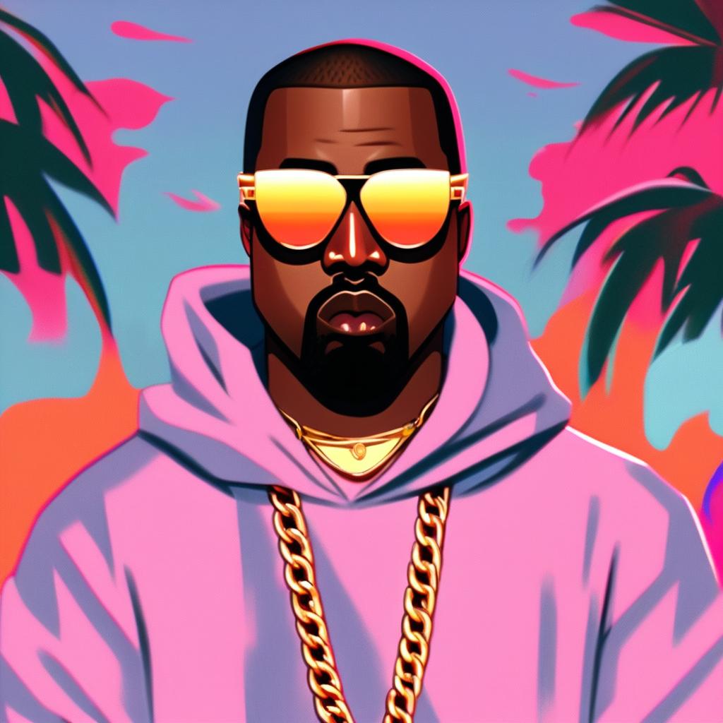 Cartoon NFT profile picture of Kanye West with exaggerated features, stylish sunglasses reflecting an abstract world, casual attire with a gold chain, against a vibrant, album-cover-like background.