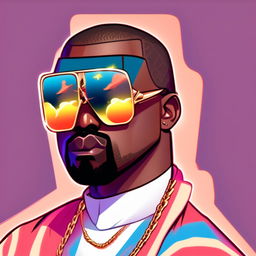 Cartoon NFT profile picture of Kanye West with exaggerated features, stylish sunglasses reflecting an abstract world, casual attire with a gold chain, against a vibrant, album-cover-like background.