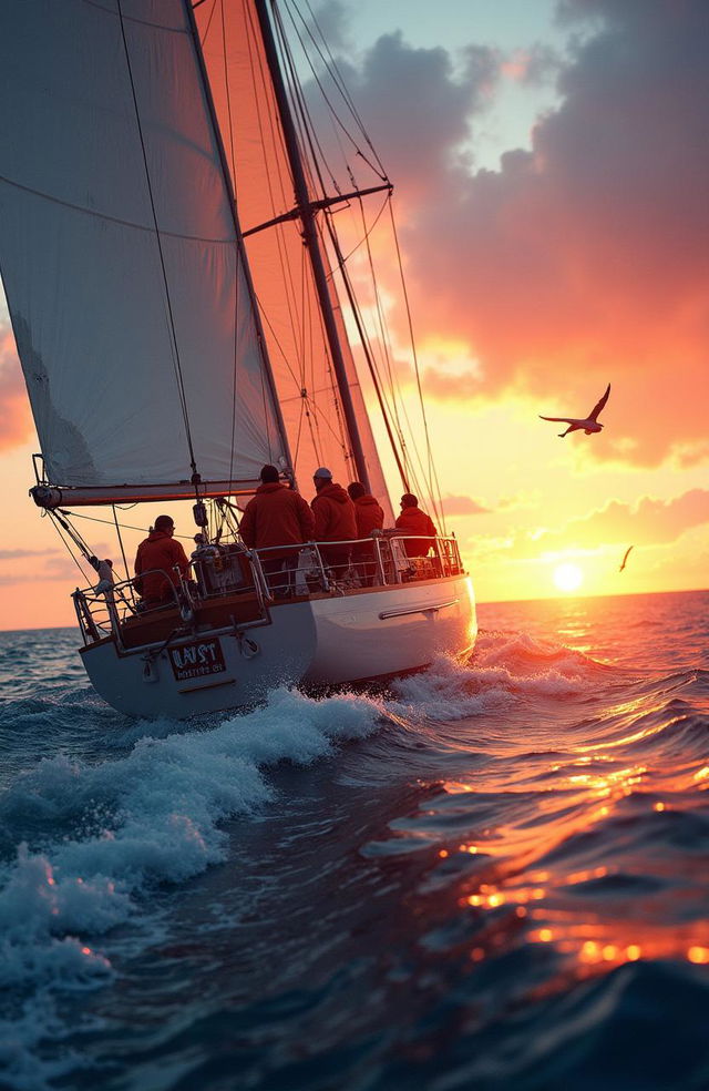 An adventurous sailing journey across the open sea, with a majestic sunset over the horizon, waves gently lapping against the hull of a sleek sailboat