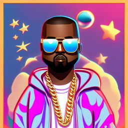 Cartoon NFT profile picture of Kanye West with exaggerated features, stylish sunglasses reflecting an abstract world, casual attire with a gold chain, against a vibrant, album-cover-like background.