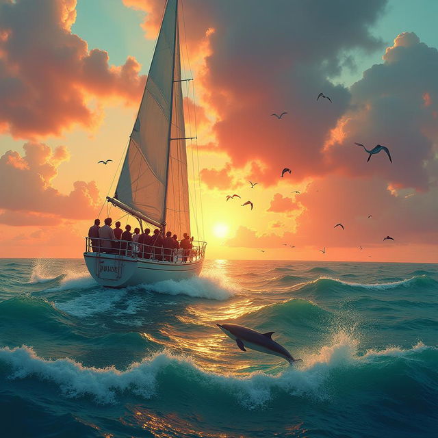 An adventurous sailing journey across the open sea, with a majestic sunset over the horizon, incorporating vibrant hues of green amidst the orange and pink