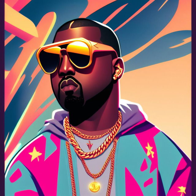 Cartoon NFT profile picture of Kanye West with exaggerated features, stylish sunglasses reflecting an abstract world, casual attire with a gold chain, against a vibrant, album-cover-like background.