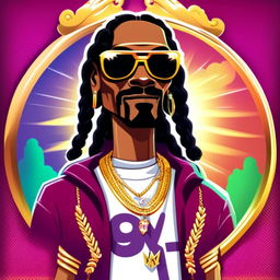 Cartoon NFT profile picture of Snoop Dogg with exaggerated features, stylish sunglasses reflecting a smoky world, casual attire with a gold chain, against a vibrant, album-cover-like background.