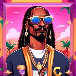 Cartoon NFT profile picture of Snoop Dogg with exaggerated features, stylish sunglasses reflecting a smoky world, casual attire with a gold chain, against a vibrant, album-cover-like background.