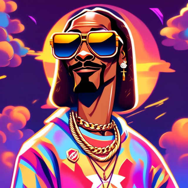 Cartoon NFT profile picture of Snoop Dogg with exaggerated features, stylish sunglasses reflecting a smoky world, casual attire with a gold chain, against a vibrant, album-cover-like background.