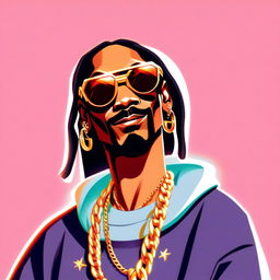 Cartoon NFT profile picture of Snoop Dogg with exaggerated features, stylish sunglasses reflecting a smoky world, casual attire with a gold chain, against a vibrant, album-cover-like background.