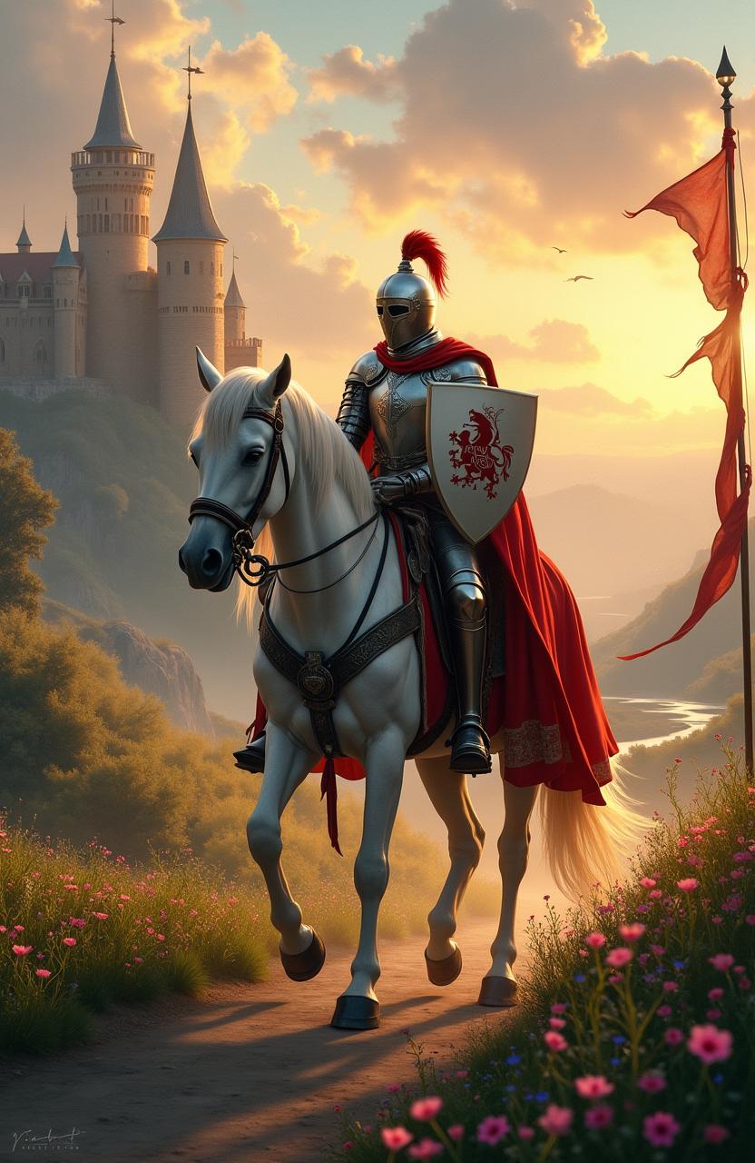 A valiant knight in shining armor riding a majestic white steed through a picturesque medieval landscape